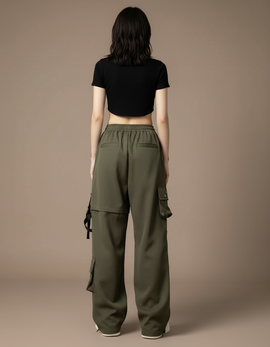 Pantalon Cargo Vert Militaire Ample Sangles Femme - Kaki Polyester - vue 2