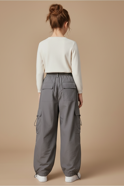 Pantalon Cargo Gris Ample Taille Haute Décontracté Fille - Polyester - vue 2