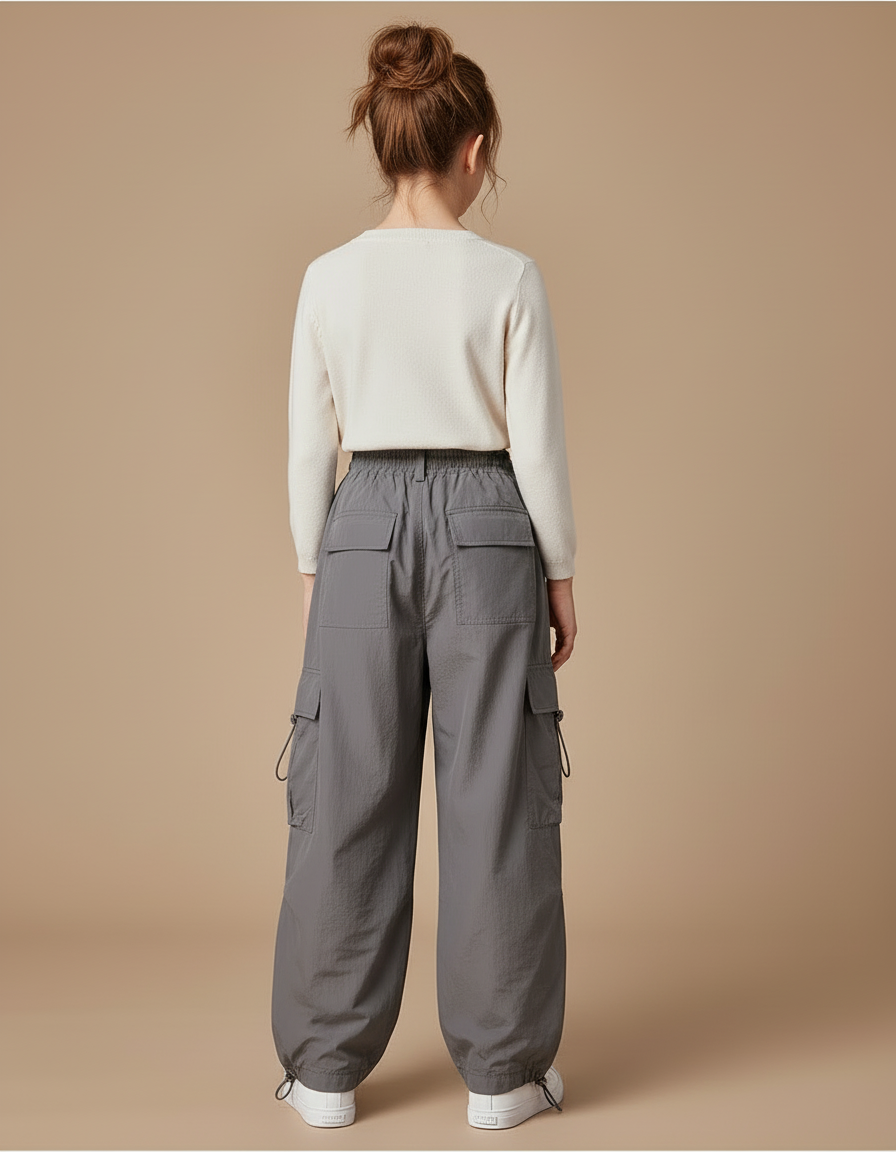 Pantalon Cargo Gris Ample Taille Haute Décontracté Fille - Polyester - vue 2
