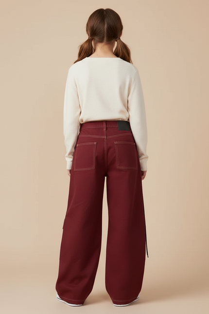 Pantalon Cargo Bordeaux Ample Décontracté Fille - Gabardine - vue 2