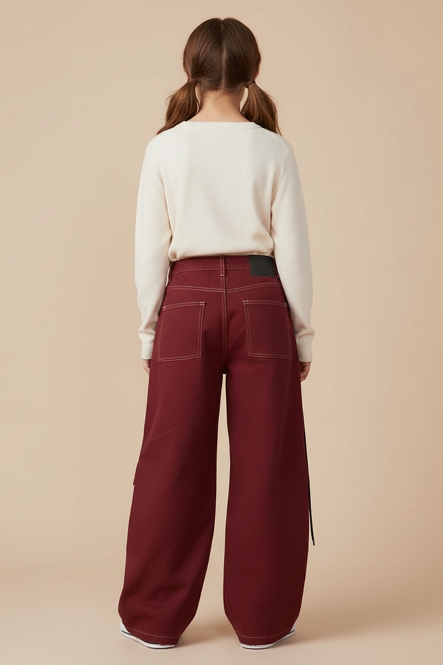 Pantalon Cargo Bordeaux Ample Décontracté Fille - Gabardine - vue 2