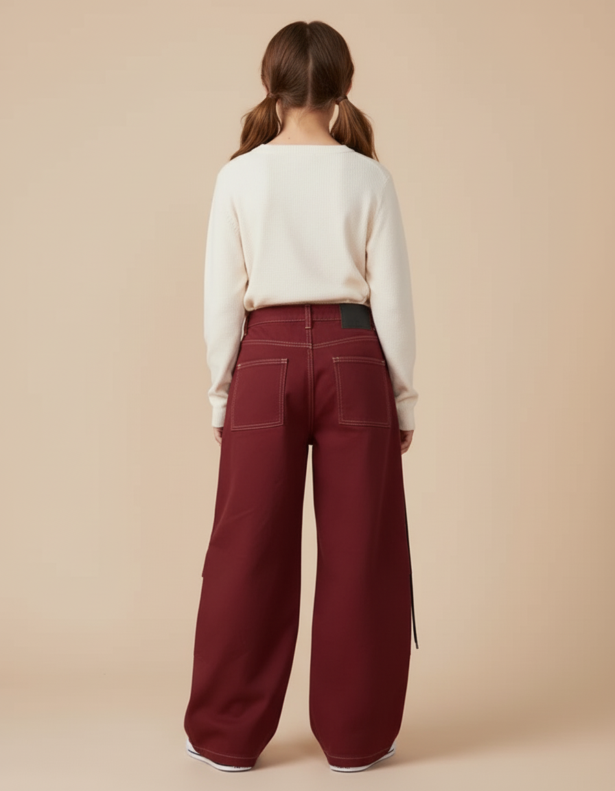 Pantalon Cargo Bordeaux Ample Décontracté Fille - Gabardine - vue 2