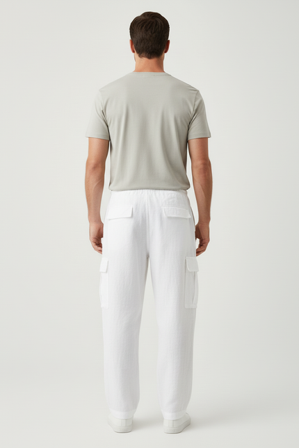 Pantalon Cargo Blanc Lin Ample Décontracté Homme - vue 2