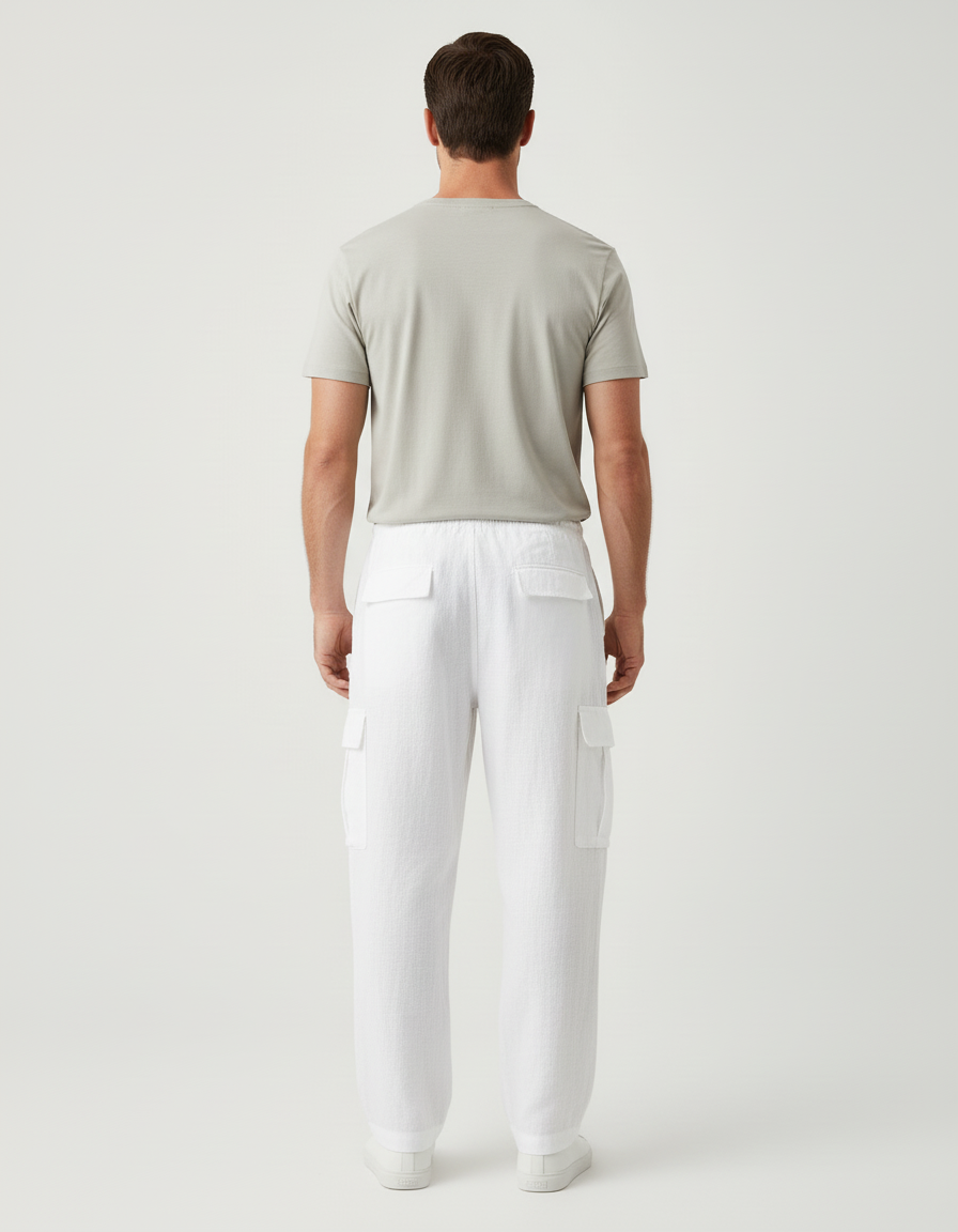 Pantalon Cargo Blanc Lin Ample Décontracté Homme - vue 2