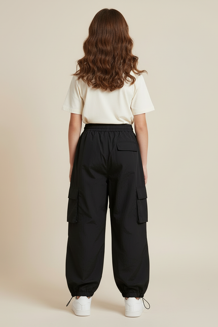 Pantalon Cargo Noir Ample Cordon Fille - Polyester - vue 2