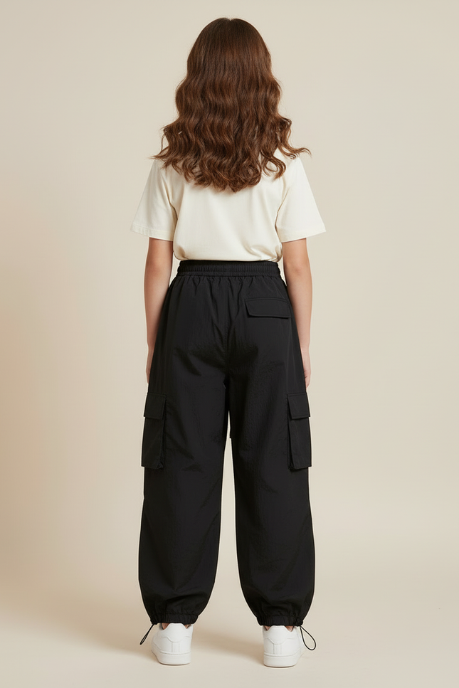 Pantalon Cargo Noir Ample Cordon Fille - Polyester - vue 2