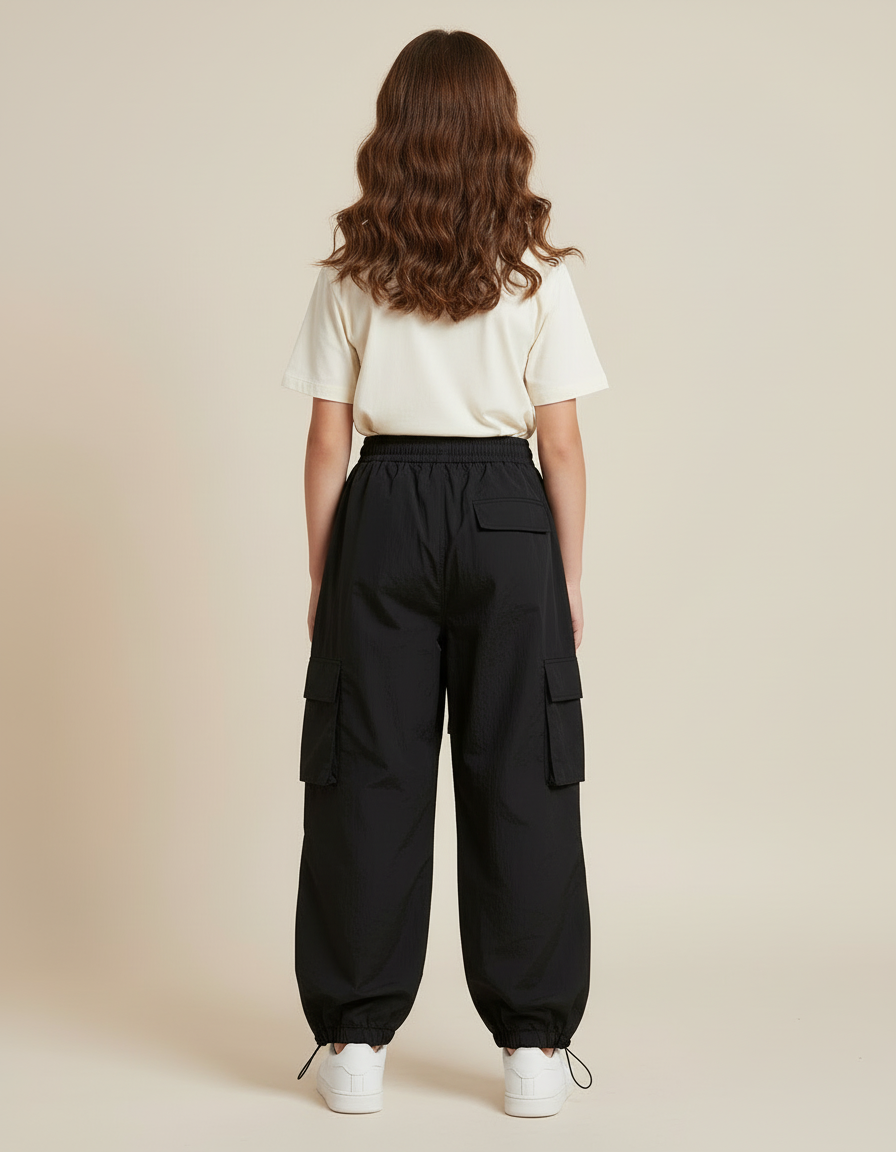 Pantalon Cargo Noir Ample Cordon Fille - Polyester - vue 2
