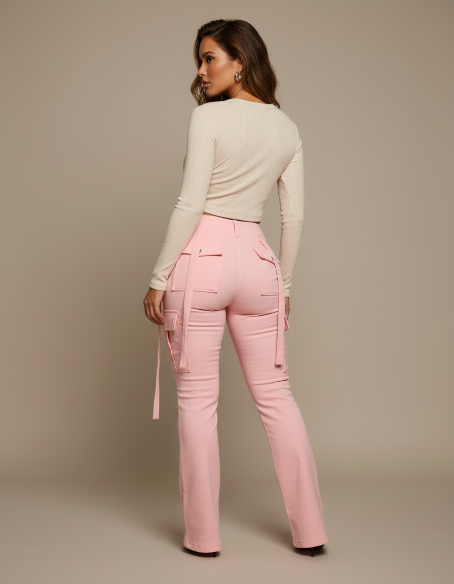 Pantalon Cargo Rose Slim Poches Ceintures - Gabardine - vue 2