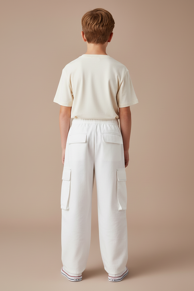 Pantalon Cargo Blanc Ample Élastique Multipoches Garçon - Toile - vue 2