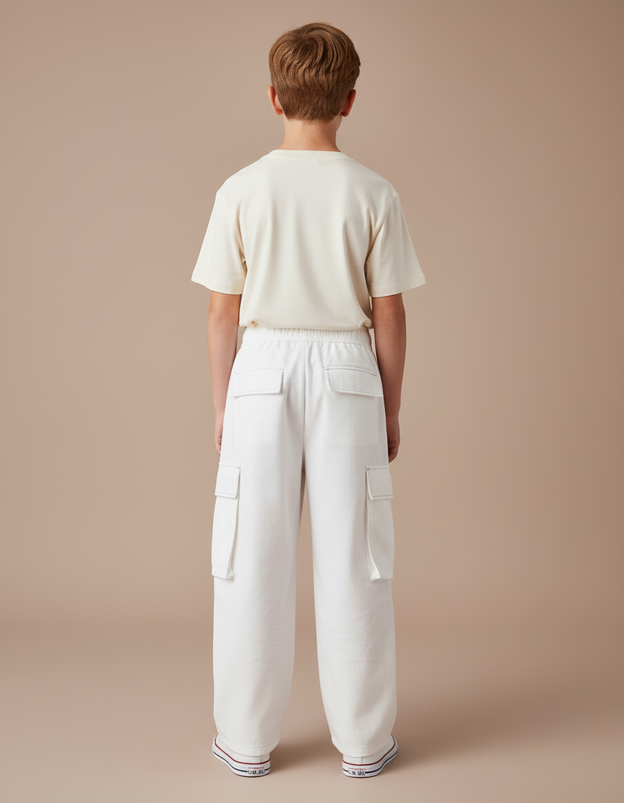 Pantalon Cargo Blanc Ample Élastique Multipoches Garçon - Toile - vue 2