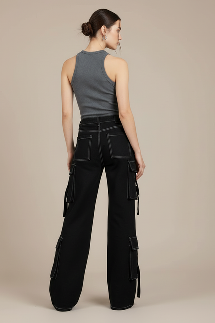 Pantalon Cargo Noir Ample Multipoches Surpiqûres Blanches - Jean - vue 2