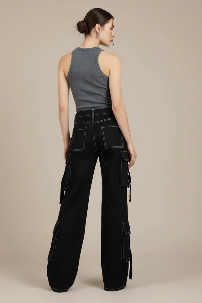 Pantalon Cargo Noir Ample Multipoches Surpiqûres Blanches - Jean - vue 2