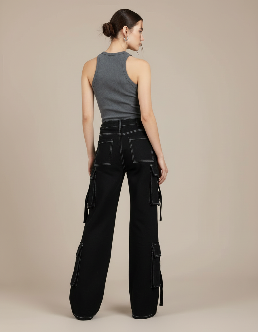 Pantalon Cargo Noir Ample Multipoches Surpiqûres Blanches - Jean - vue 2