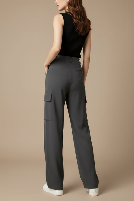 Pantalon Cargo Gris Fluide Taille Haute Femme - Polyester - vue 2
