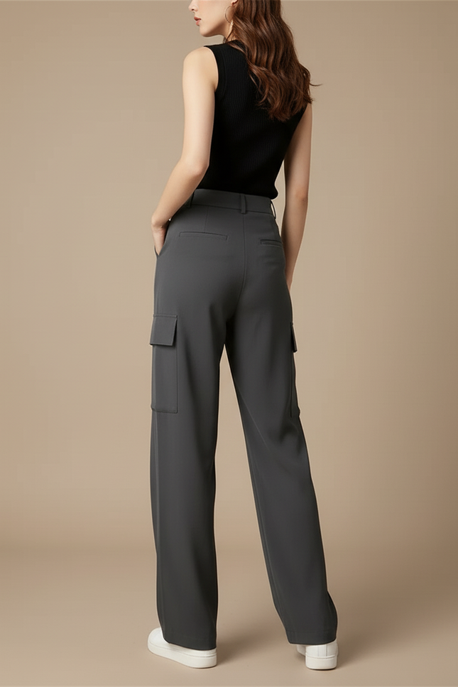 Pantalon Cargo Gris Fluide Taille Haute Femme - Polyester - vue 2