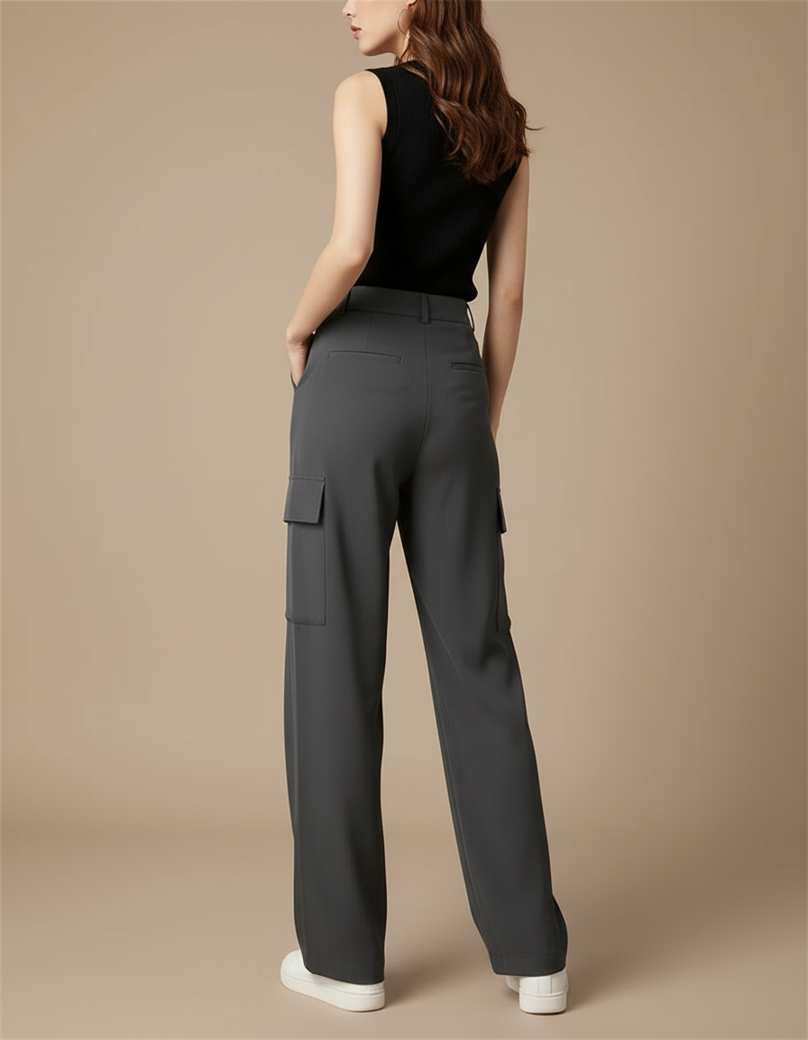 Pantalon Cargo Gris Fluide Taille Haute Femme - Polyester - vue 2