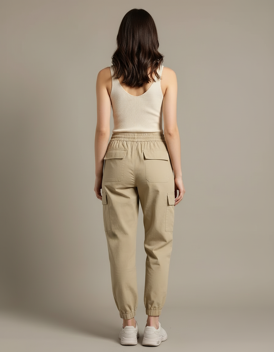 Pantalon Cargo Kaki Femme Taille Haute Décontracté - Gabardine - vue 2