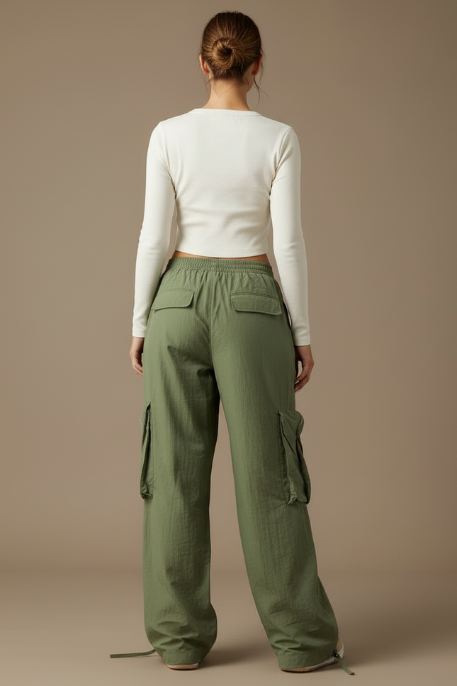 Pantalon Cargo Vert Fluide Multipoches Décontracté Femme - Kaki Polyester - vue 2