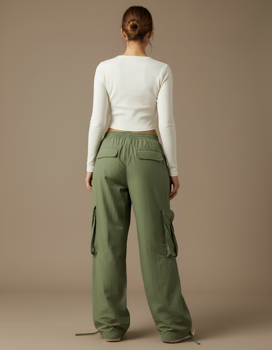 Pantalon Cargo Vert Fluide Multipoches Décontracté Femme - Kaki Polyester - vue 2