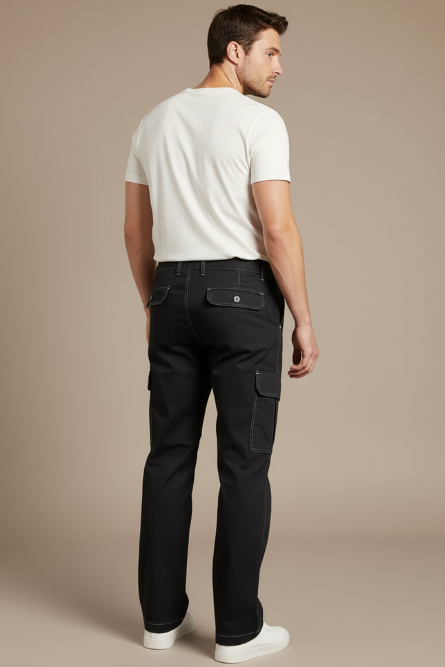 Pantalon Cargo Noir Coton Ample Décontracté Homme - Toile - vue 2