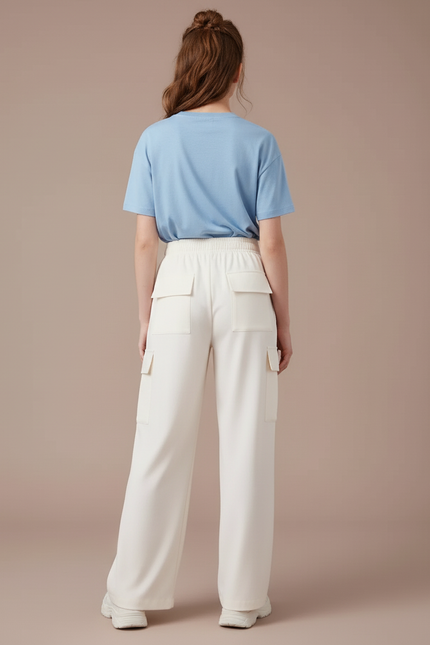 Pantalon Cargo Crème Ample Taille Haute Fille - Blanc Polyester - vue 2