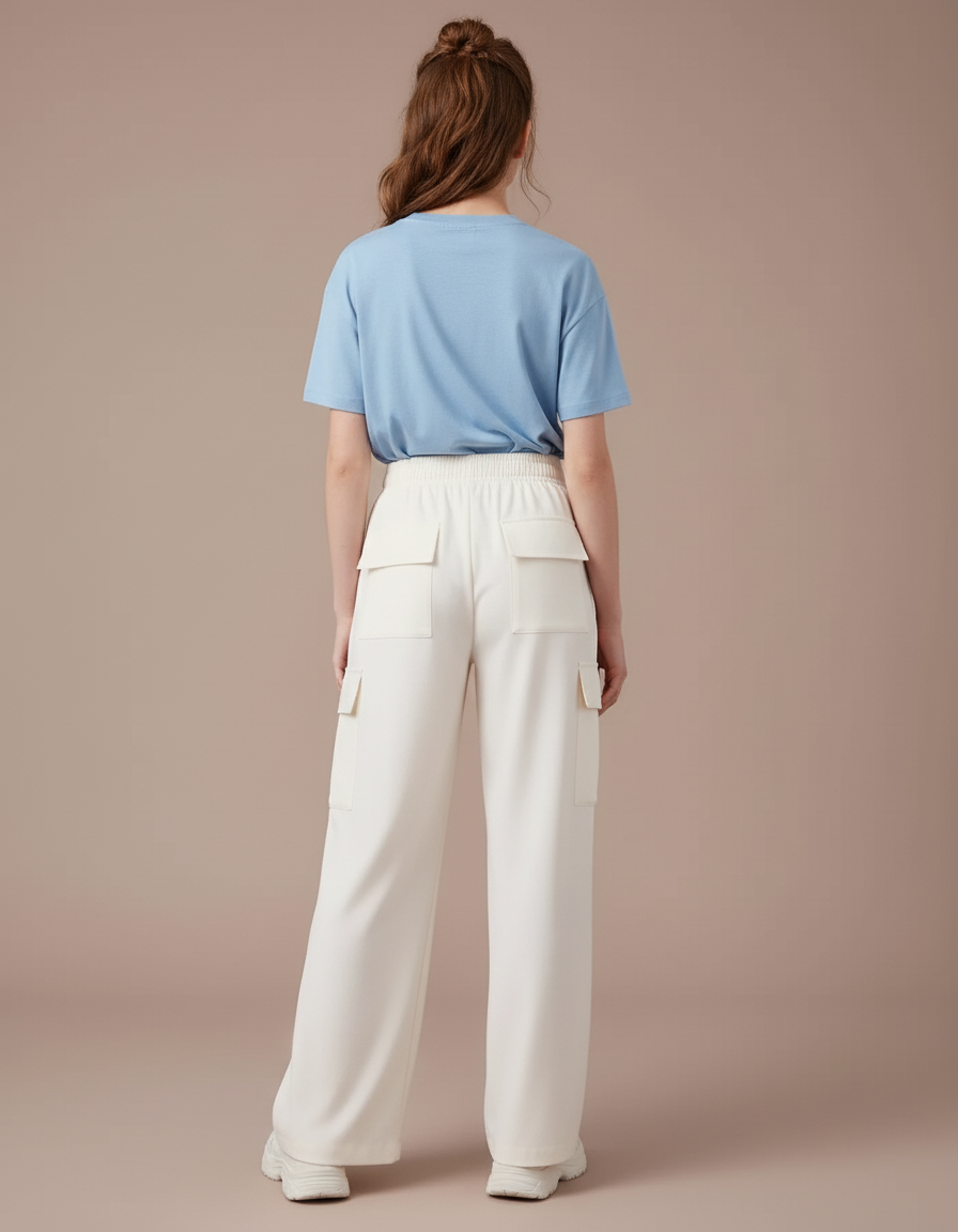 Pantalon Cargo Crème Ample Taille Haute Fille - Blanc Polyester - vue 2