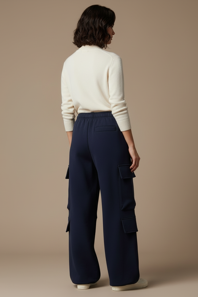 Pantalon Cargo Bleu Marine Ample Coton Multipoches Femme - Molleton - vue 2