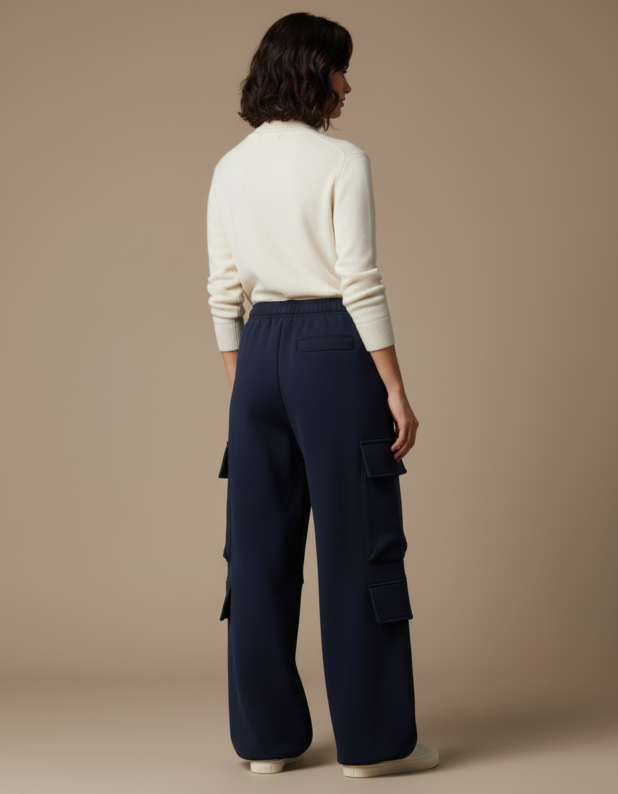 Pantalon Cargo Bleu Marine Ample Coton Multipoches Femme - Molleton - vue 2