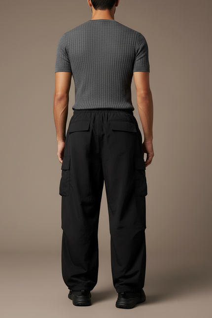 Pantalon Cargo Noir Fluide Ample Multipoches Homme - Polyester - vue 2