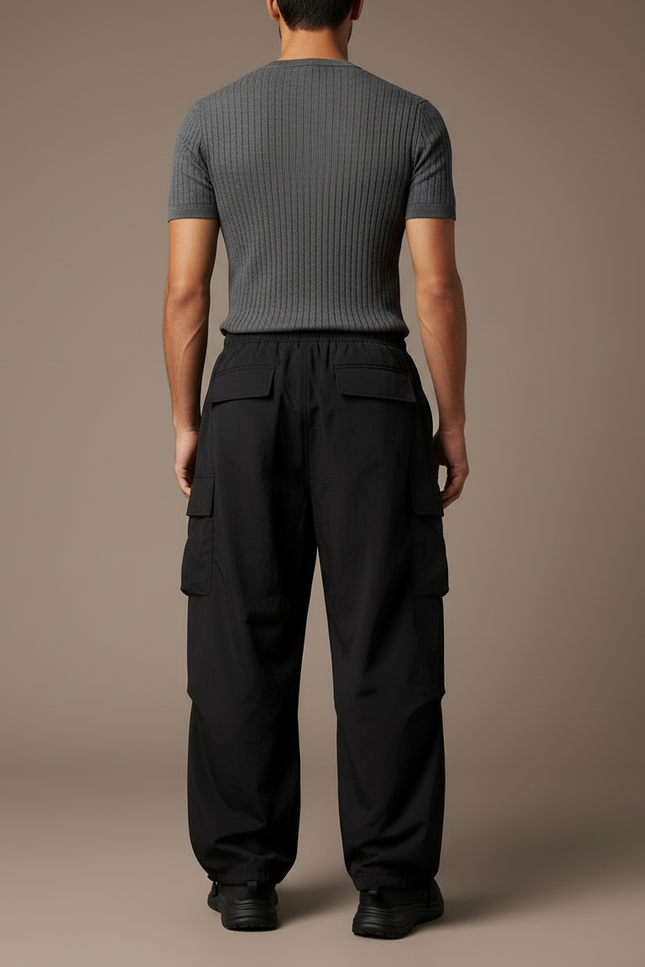 Pantalon Cargo Noir Fluide Ample Multipoches Homme - Polyester - vue 2