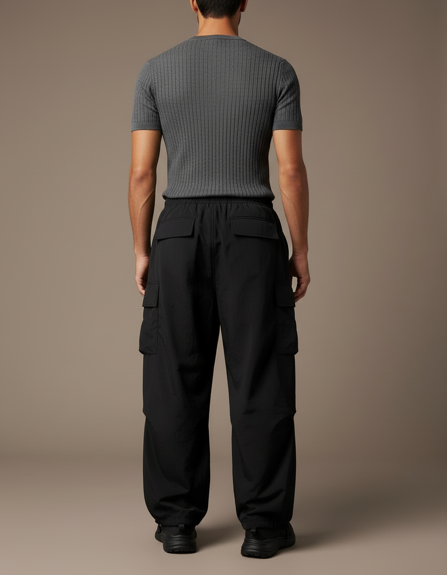 Pantalon Cargo Noir Fluide Ample Multipoches Homme - Polyester - vue 2