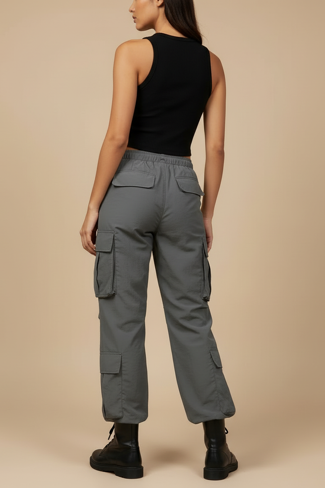 Pantalon Cargo Gris Ample Taille Haute Décontracté Femme - Polyester - vue 2