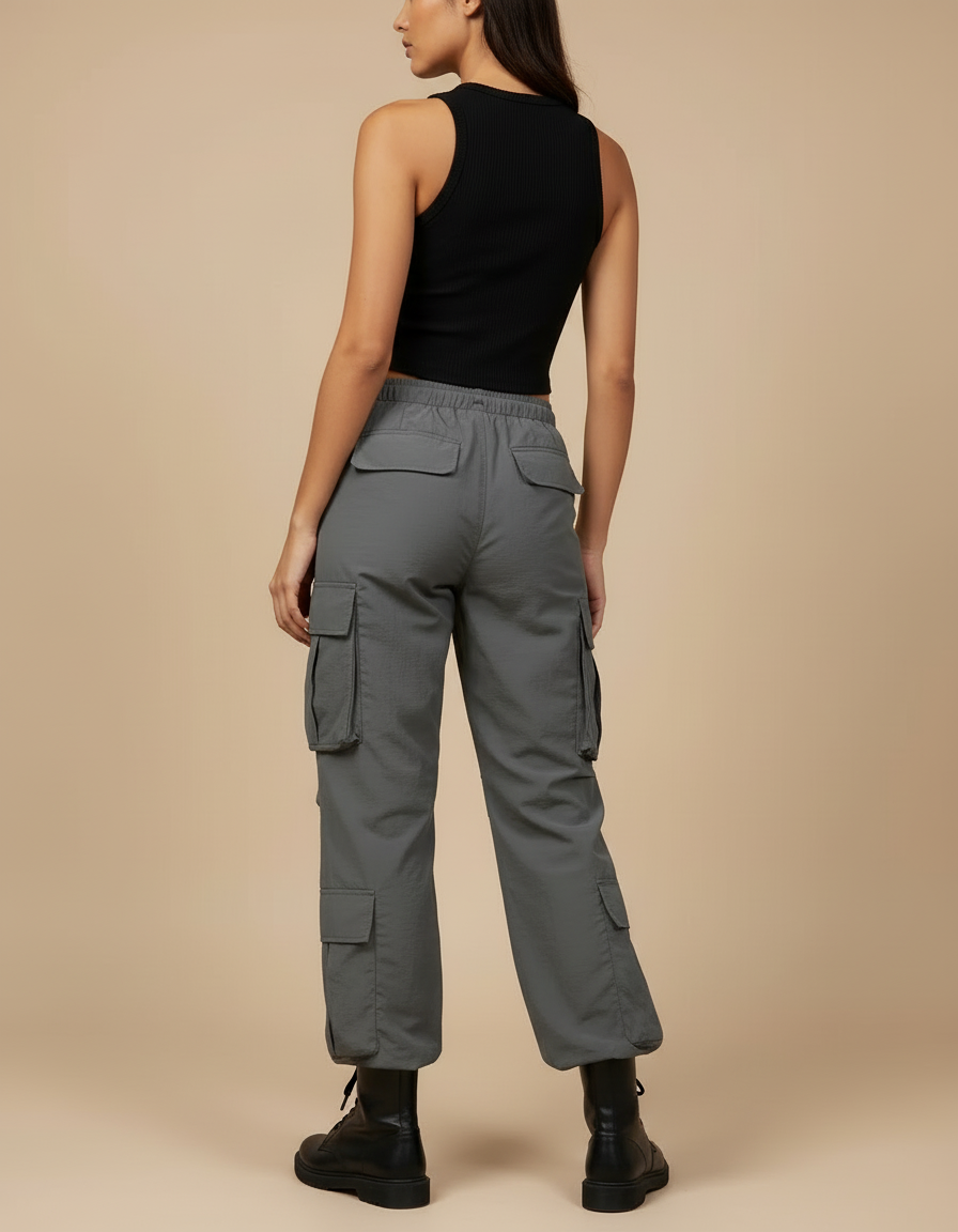 Pantalon Cargo Gris Ample Taille Haute Décontracté Femme - Polyester - vue 2