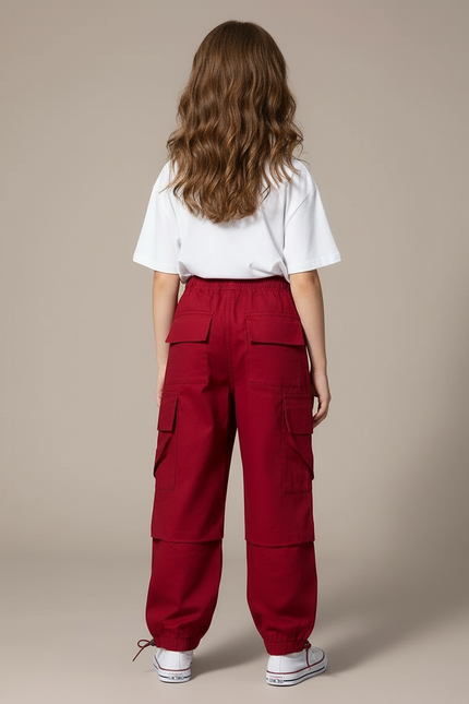 Pantalon Cargo Rouge Ample Multipoches Décontracté Fille - Toile - vue 2
