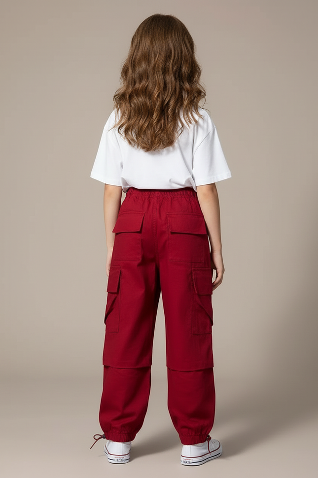 Pantalon Cargo Rouge Ample Multipoches Décontracté Fille - Toile - vue 2