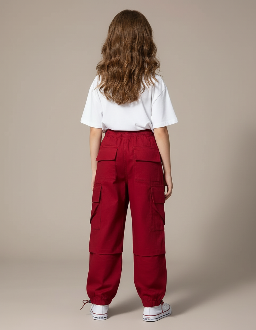 Pantalon Cargo Rouge Ample Multipoches Décontracté Fille - Toile - vue 2