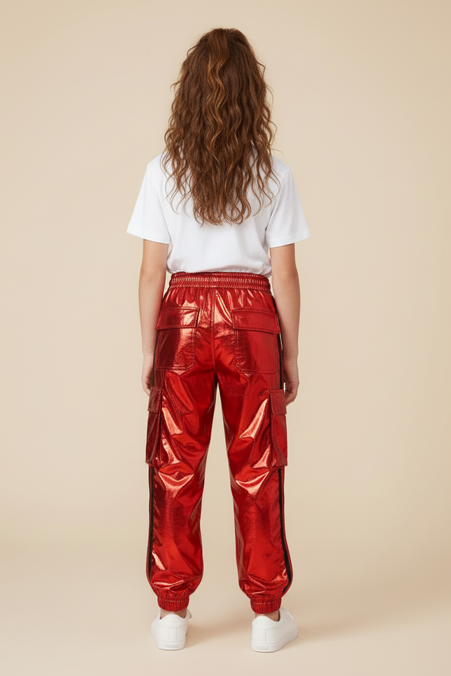 Pantalon Cargo Rouge Brillant Ample Enfant Streetwear - Polyester - vue 2