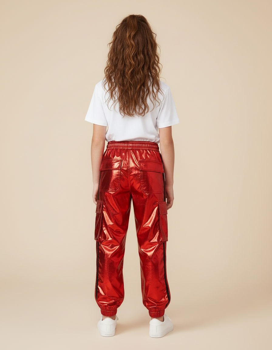 Pantalon Cargo Rouge Brillant Ample Enfant Streetwear - Polyester - vue 2