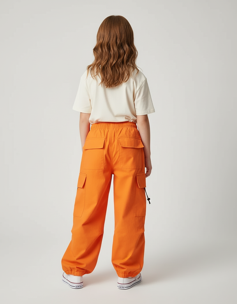 Pantalon Cargo Orange Ample Enfant Coton Poches - Toile - vue 2