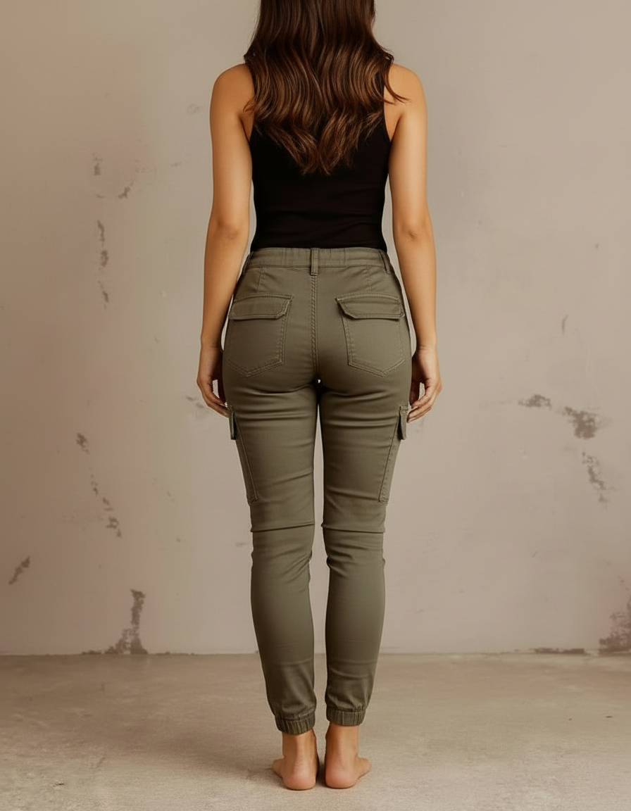 Pantalon Cargo Vert Militaire Slim Femme Coton - Kaki - vue 2