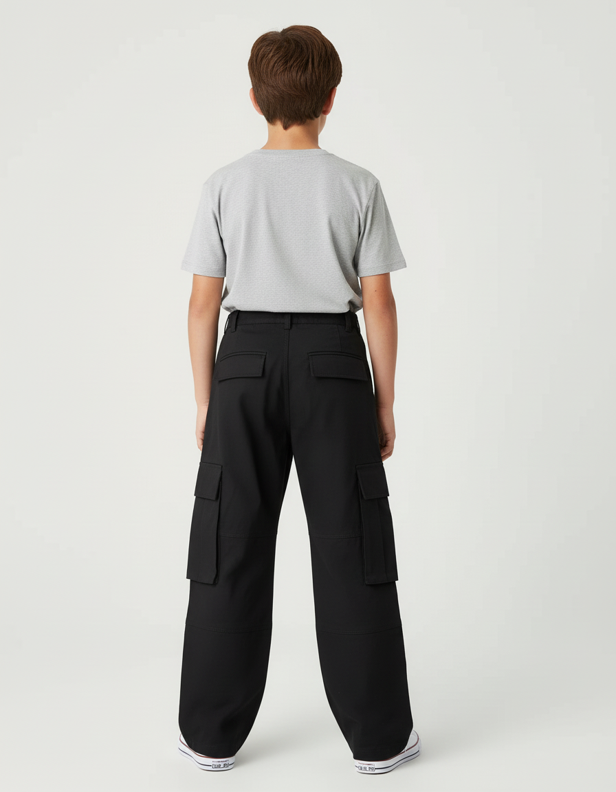 Pantalon Cargo Noir Ample Poches Garçon Décontracté - Coton - vue 2