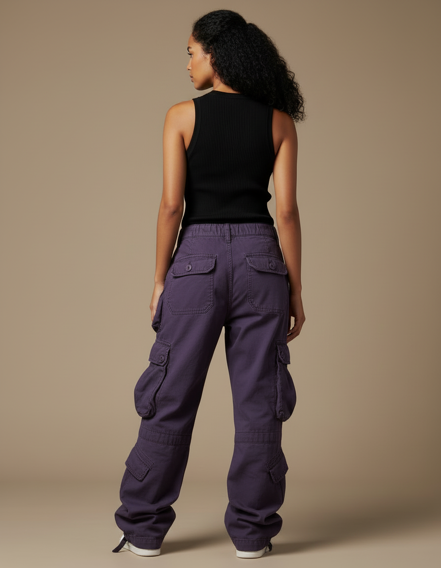 Pantalon Cargo Ample Violet Multipoches Femme - Toile - vue 2