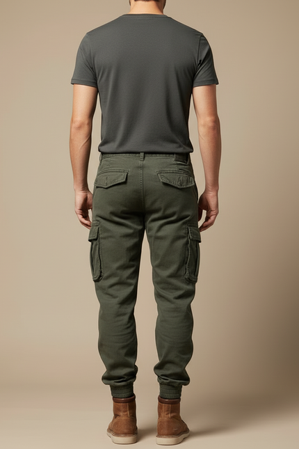 Pantalon Cargo Vert Militaire Slim Multipoches Homme - Kaki Toile - vue 2