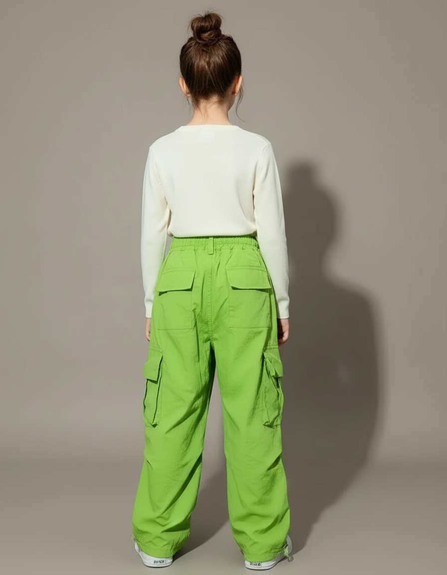 Pantalon Cargo Vert Fluorescent Ample Multipoches Fille Décontracté - Polyester - vue 2