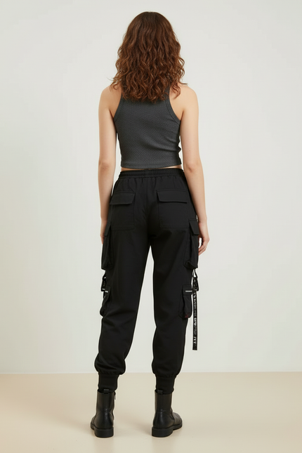 Pantalon Cargo Noir Fluide Multipoches Chaînes Femme - Polyester - vue 2