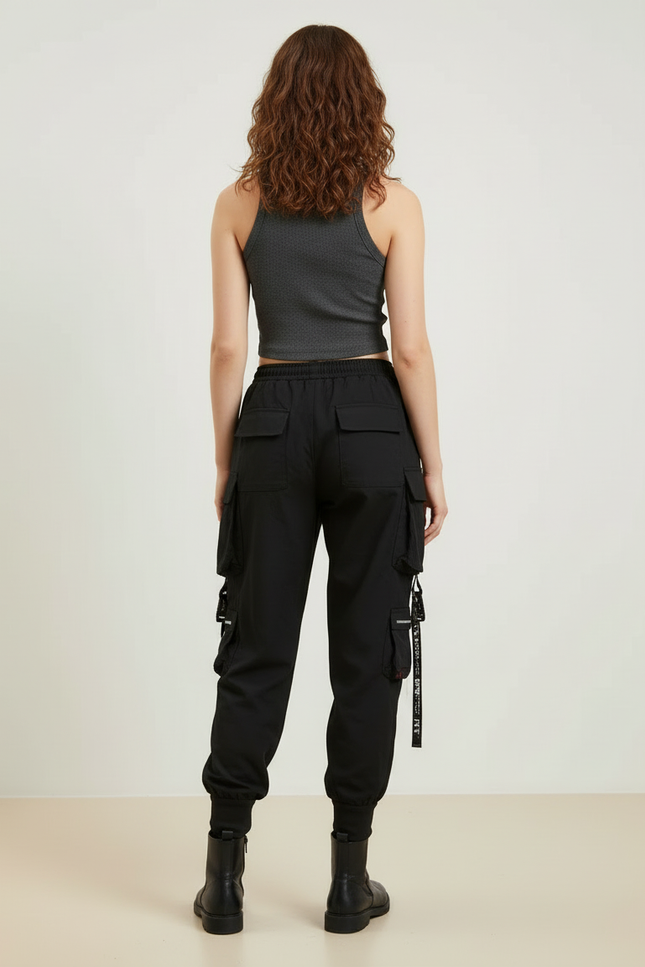 Pantalon Cargo Noir Fluide Multipoches Chaînes Femme - Polyester - vue 2
