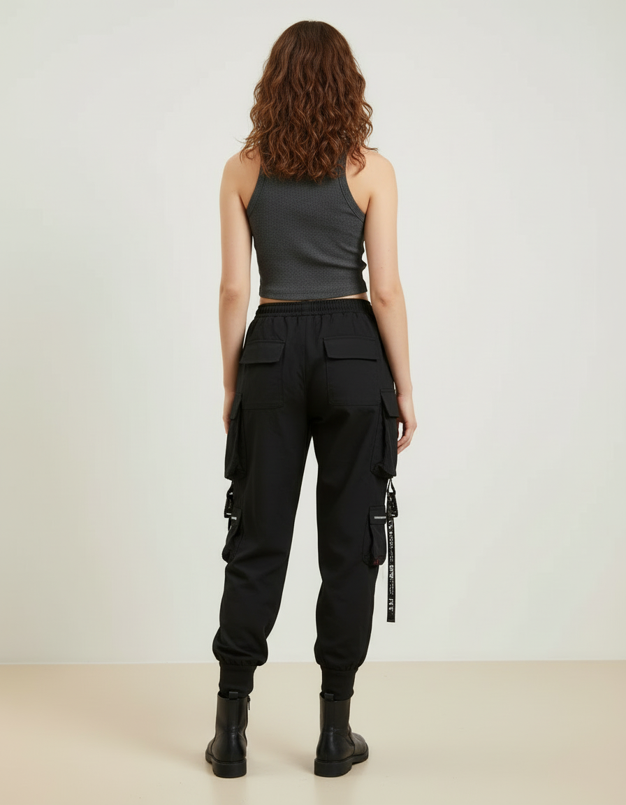 Pantalon Cargo Noir Fluide Multipoches Chaînes Femme - Polyester - vue 2