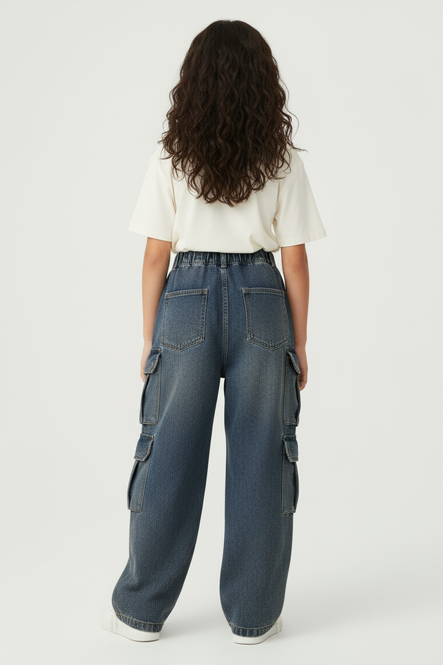 Pantalon Cargo Fille Denim Ample Poches Latérales - Bleu Jean - vue 2