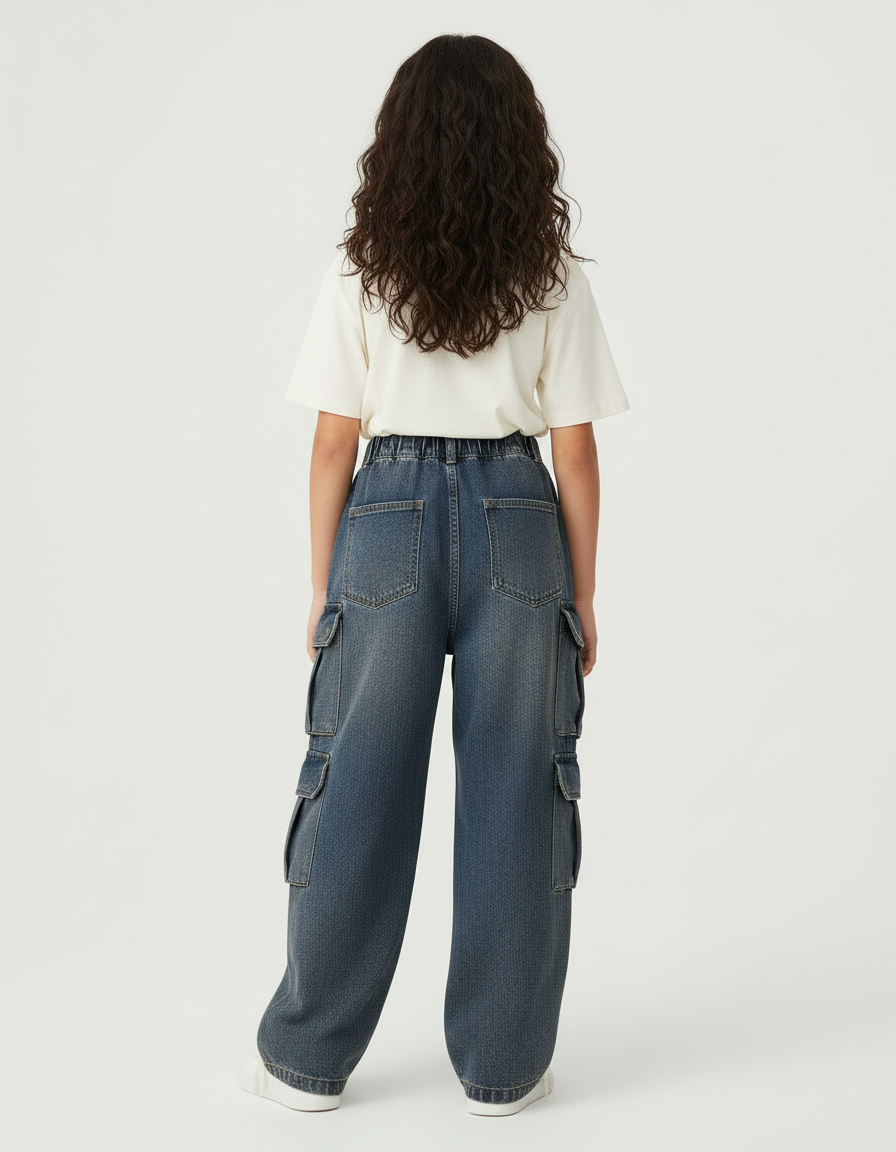 Pantalon Cargo Fille Denim Ample Poches Latérales - Bleu Jean - vue 2