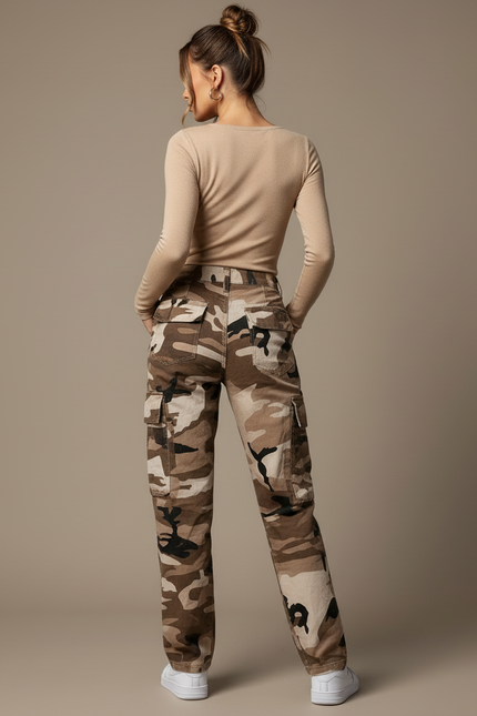 Pantalon Cargo Camouflage Marron Poches Ample Femme - Toile - vue 2